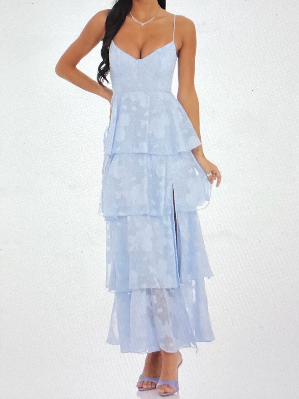Lucy in the Sky Pale Blue Tiered Maxi Dress with Spaghetti Straps